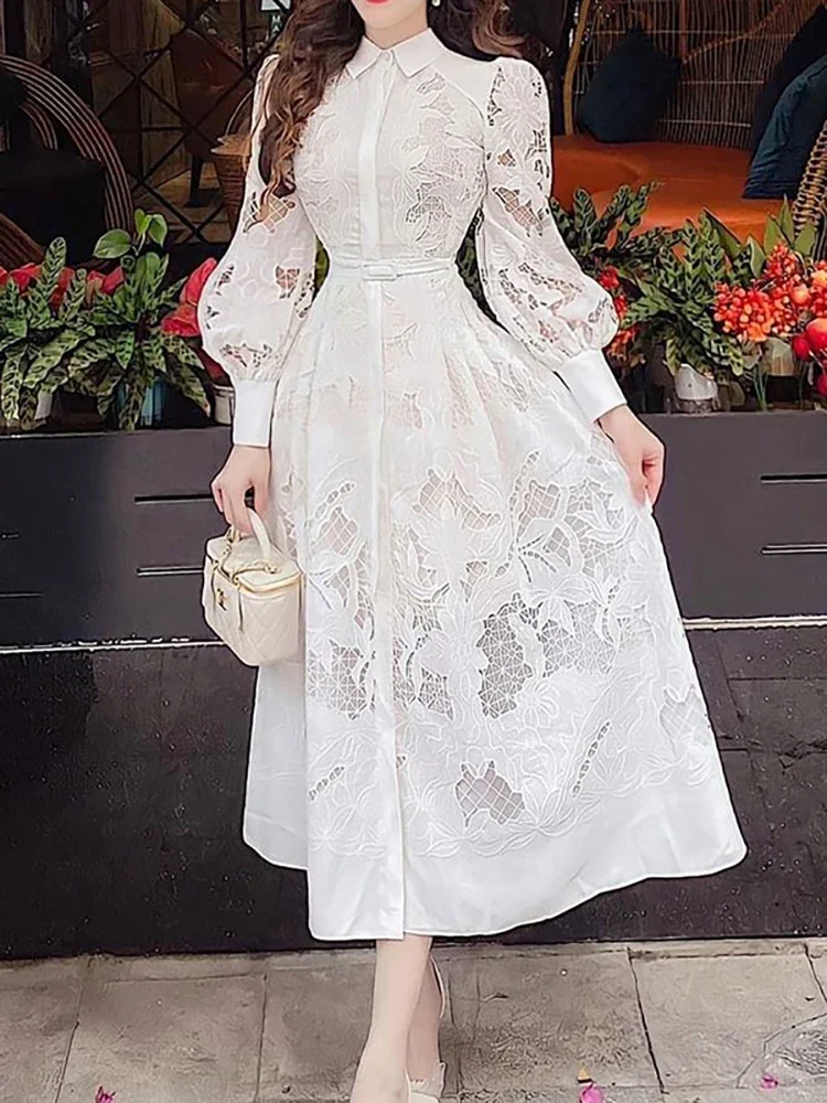 Тонкие кружевные женские платья до середины икры с открытой молнией и разрезом