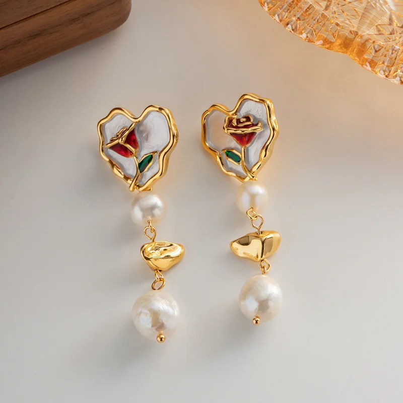 

Minar Luxury Freshwater Pearl White Enamel Rose Heart Drop Earrings for Women 18K Real Gold Plated Brass Long Tassel Earring