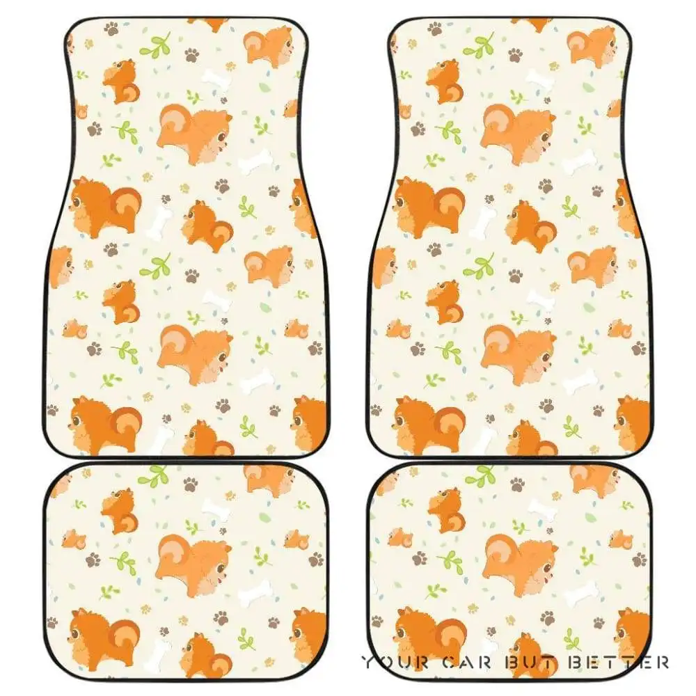 

Cute Brown Pomeranian Paw Leave Bone Pattern Front And Back Car Mats 045109