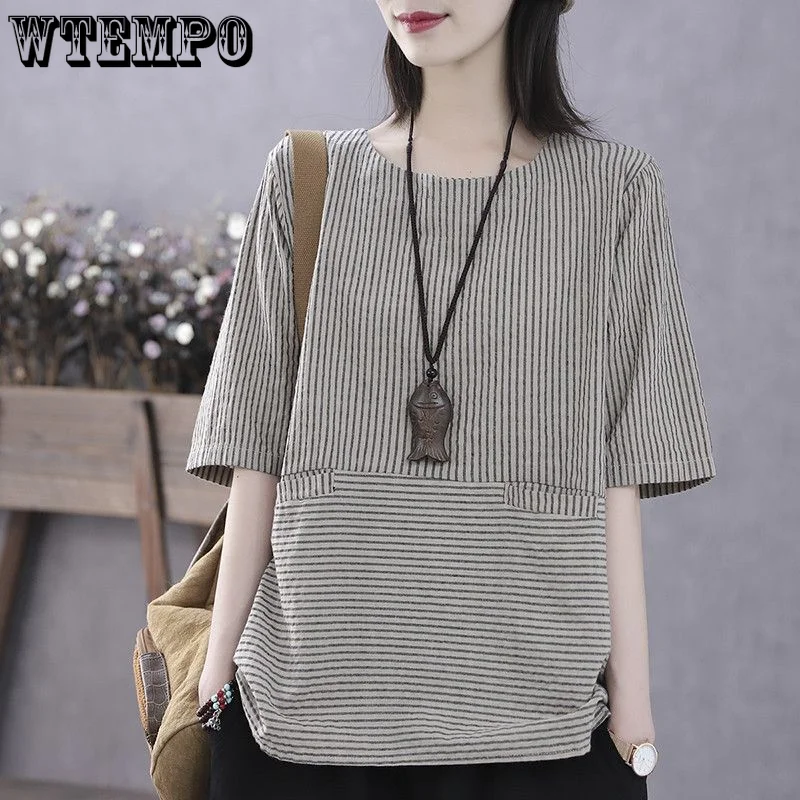

WTEMPO Striped Women T-shirt Vintage Loose Large Summer Thin Short Sleeve Top Casual Versatile T-shirt Harajuku Clothing