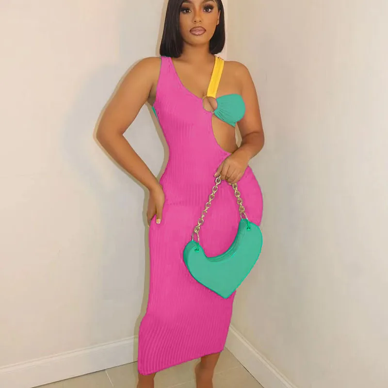 

Sexy Color Block Patchwork Bodycon Maxi Dress Women Elegant One Shoulder Hollow Out Party Long Dress Clubwear Robe Femme été