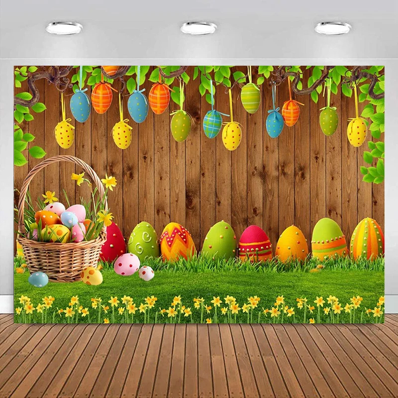 

Wooden wall Easter Photography Backdrop Colorful Eggs Grassland Flower Background Spring Brown Rustic for Kids Banner Decoration