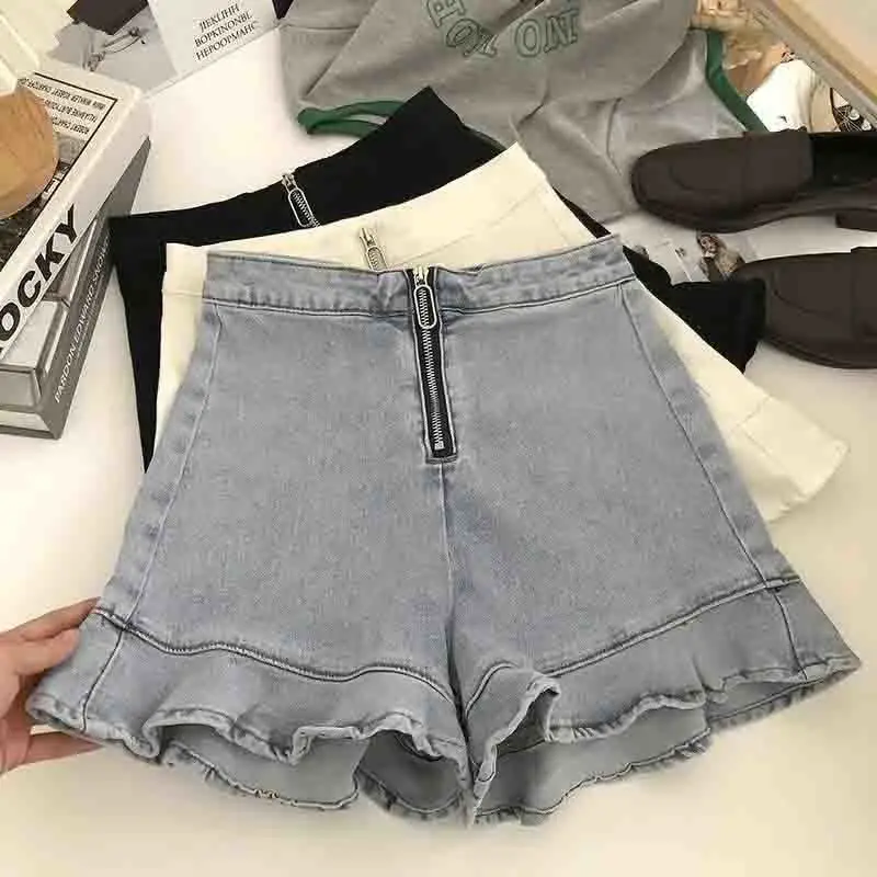 

2023 Summer Women Jean Short Pants Korea Style A-LINE High Waist Ruffled Edge Loose Soft Fashion New Design for Girls