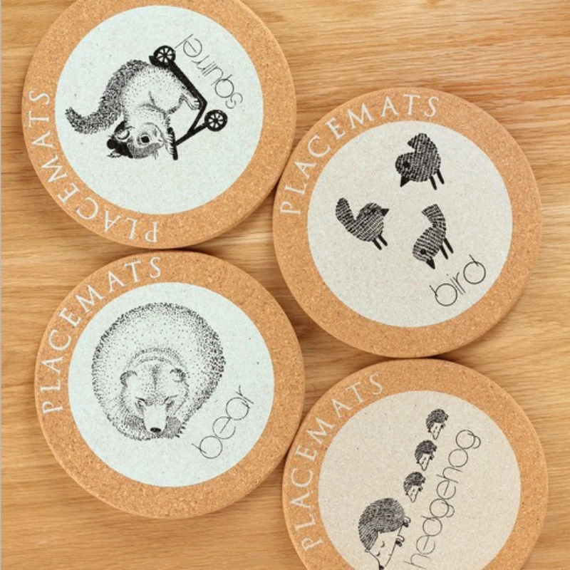 

Round Coasters Cork Cup Mat Drinkware Mug Pad Cartoon Animal Pattern Wooden Placemats Table Decoration Drinkware Accessories