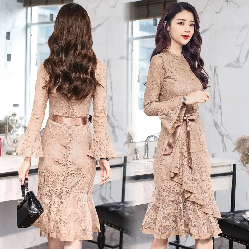 

Newes Korean Fashion Joker Elegant Gentle Ladies Sweet Street Ruffled Lace Dress Women Flare Long Sleeve Fishtail Evening Dress