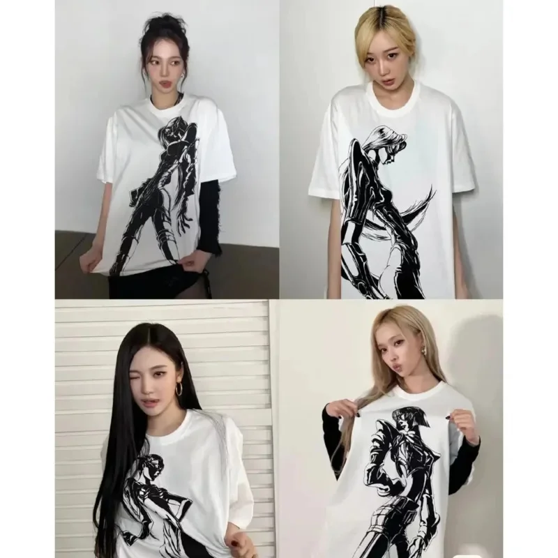 Фото KPOP Aespa Whiplash Limited Edition Cotton T-shirt Short Sleeve KARINA GLSELLE WINTER NINGNING Same Print Loose Anime Techno Top №1