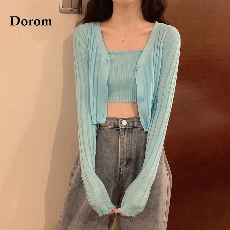 

Korean Y2K Cardigan Two-piece Cropped Sweater Women Autumn Candy Color Long Sleeve Ribbed Knitted Sweater And Matching Vest