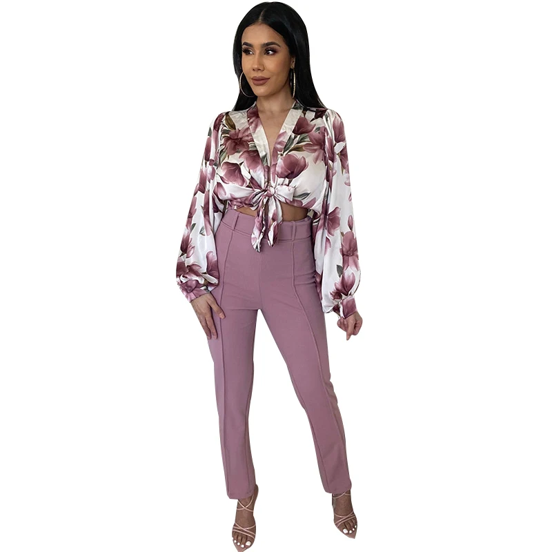 

Two Piece Women Set Lace Up Lantern Sleeve Shirt Crop Tops Outfits 2022 Fashion Floral Print Elegant Office Lady Pant Suits Sets