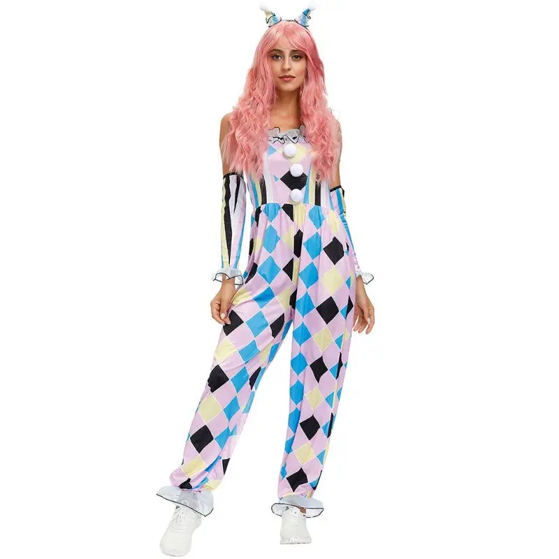 

Halloween Women Circus Clown Cosplay Costume Sleeveless Colorful Jumpsuit Headband Gloves Carnival Party Outfits