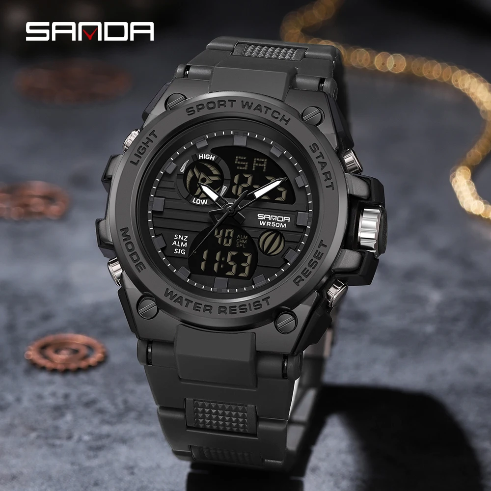 

SANDA 2023 Sports Military Men's Watches Dual Display Analog Digital Quartz Wristwatches 50M Waterproof Relogios Masculino 9011