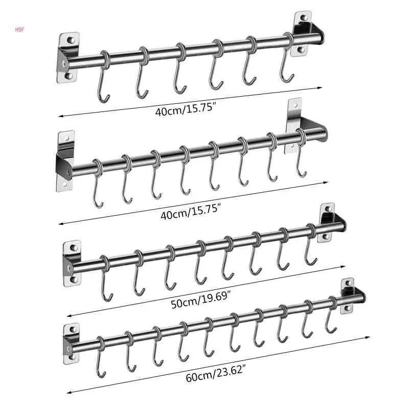 

Wall Mounted Utensil Rack Stainless Steel Hanging Kitchen with 6/8/10 Removable Hooks Hanger