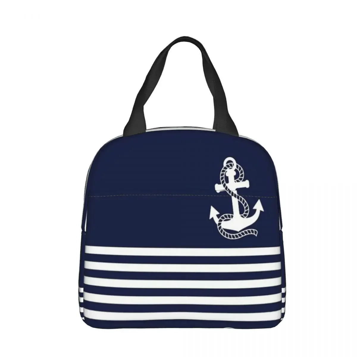 Изолированные Пакеты Для Обеда С Морскими Синими Полосками И Белыми Якорями.