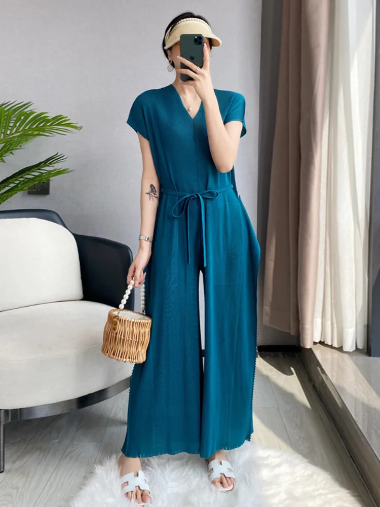 

Miyake Women Pleated Jumpsuit V-neck Solid Loose with Belt Straight Short Sleeve Rompers Casual Style Summer Fashion Jumpsuit