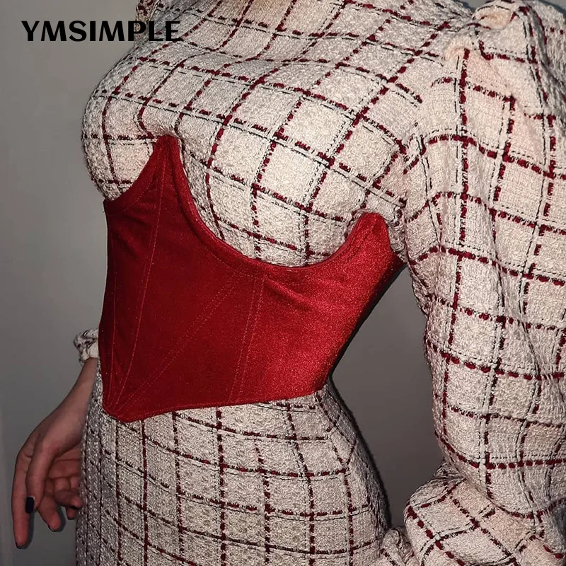 

Women's Corset Fashion Style 2022 Solid Waist Belt Female Dress Shirts Underbust Velvet Lace-up Tops Beauty Corsets Black Red