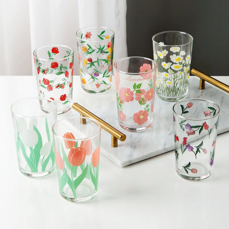 

7 Flower Patterns 450Ml Korean Tulip Daisy Wine Glass Juice Cup Printing Rose Cosmos Flower Creative Tumbler Drink Set Gift