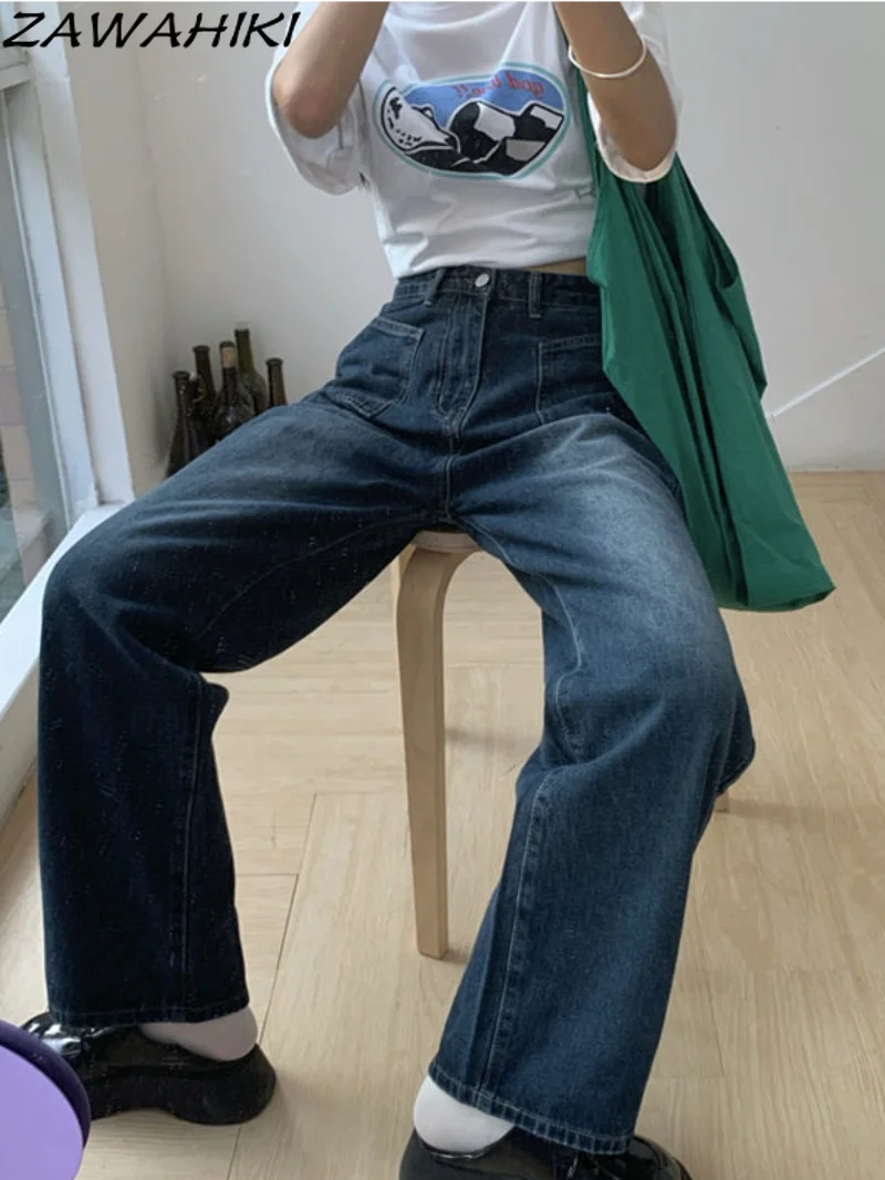 

Y2K Blue High Waist Jeans Women Heavy Industry Design Sense Zipper Vintage Streetwear Loose Wide Leg Jeans Womens Trousers