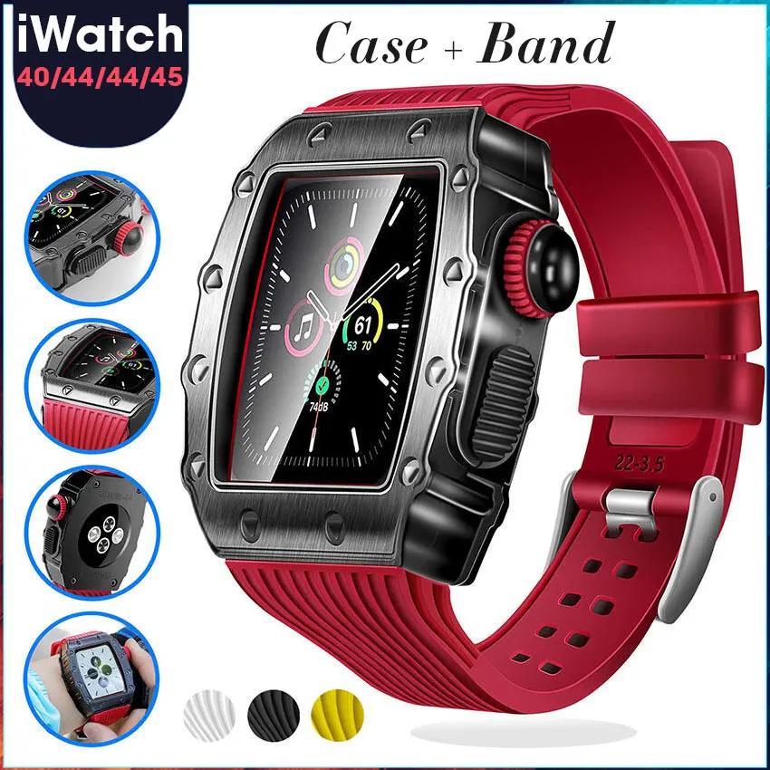 44mm Luxury Case Alloy Bezel for Apple Watch 8 Mod Kit 45MM 41MM for IWatch Series 8 7 SE 6 5 4 Rubber Strap Metal Modification