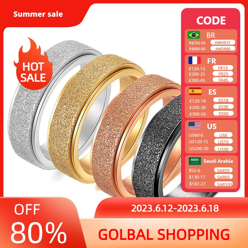 VQYSKO 6MM Anxiety Relief Spinner Ring for Women and Man Stainless Steel Sand Blast Glitter Finish Gold Color Fidget Ring Band