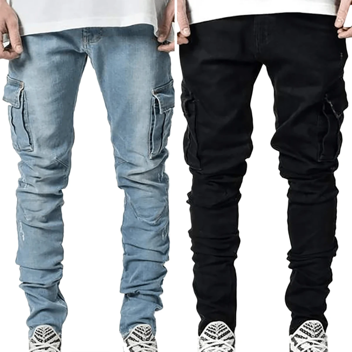 Men's Jeans Streetwear Pants Multi-Pocket Black Slim Small Foot Casual Trousers Blue High-Quality Cargo Pants Men