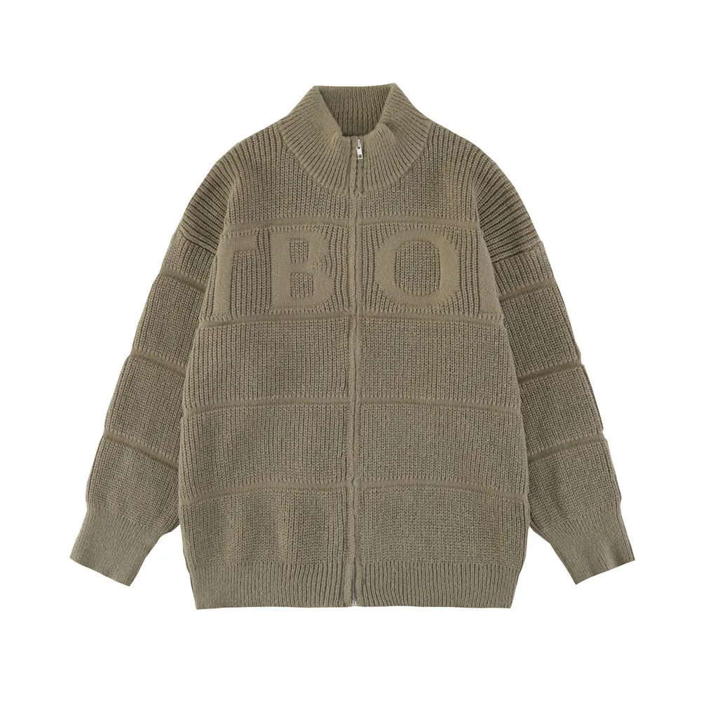 

Fashion Street Casual Loose Striped Jacquard Cardigan Stand Collar Sweater Men's Trend Loose Zipper Up Knit Jacket