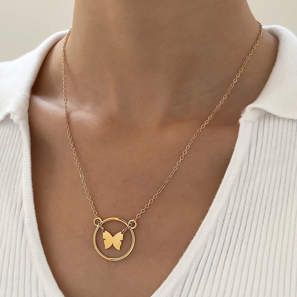 

Minimalist Stainless Steel Butterfly Pendant Necklaces For Women Girls Round Hoop Charms Chain Necklace Fashion Jewelry 2023