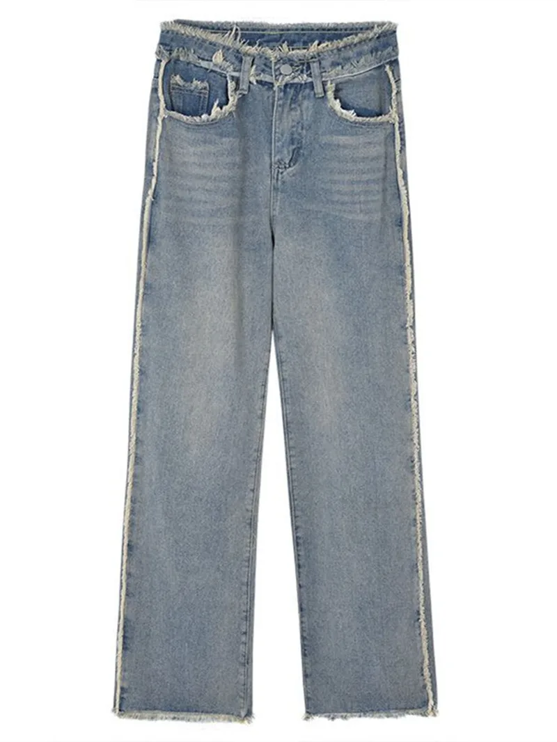 Ins High Waist Straight Slim Fit Jeans Y2k Casual Loose Mopping Denim Trousers Woman Vintage Frayed Wide Leg  Blue Jean Pants