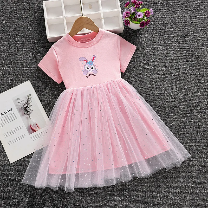 

Disney StellaLou Cartoon Bunny Dress for Girls Europe and America Popular Dresses Summer Trendy Stitching Cotton Mesh Clothes