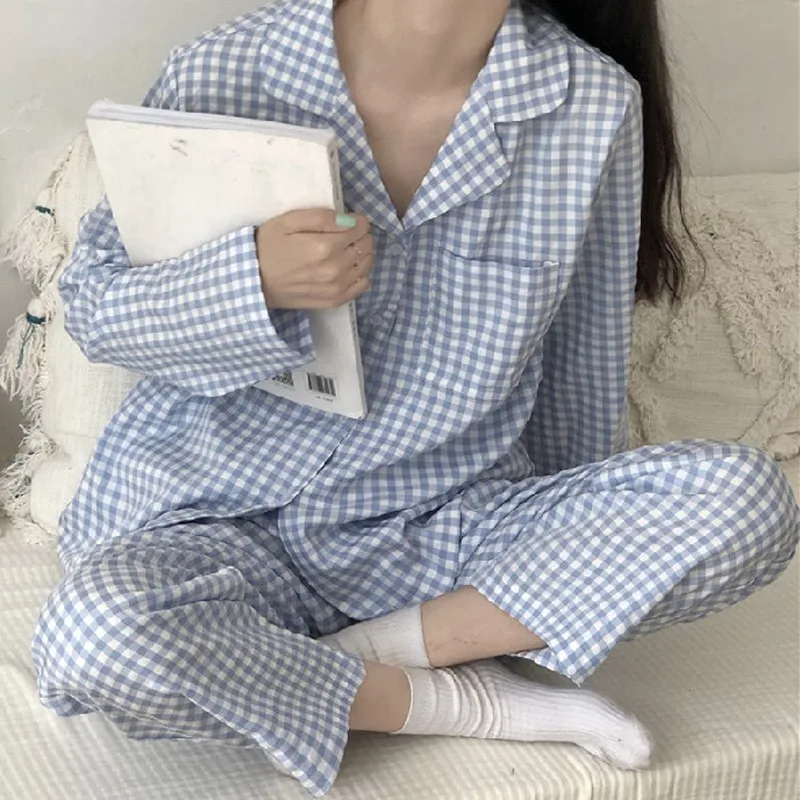 Dressing Gowns for Women New Style Ladies Long-sleeved Trousers Home Suit Autumn Spring Winter Plaid Japanese Korean Pajamas