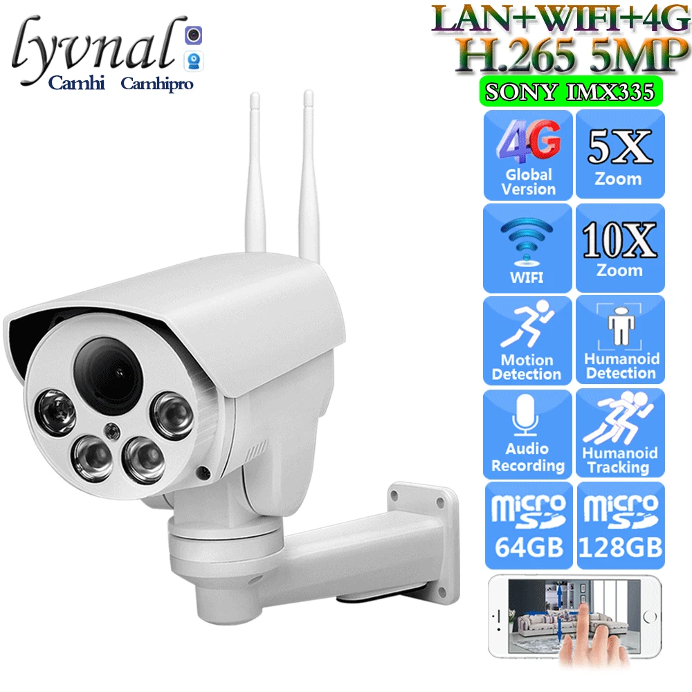 3G 4G SIM Card Sonyimx335 HD 5MP Wireless Security IP Camera Wifi PTZ Audio 5X 10X Auto Zoom SD Card Slot Human Detection IR 50M