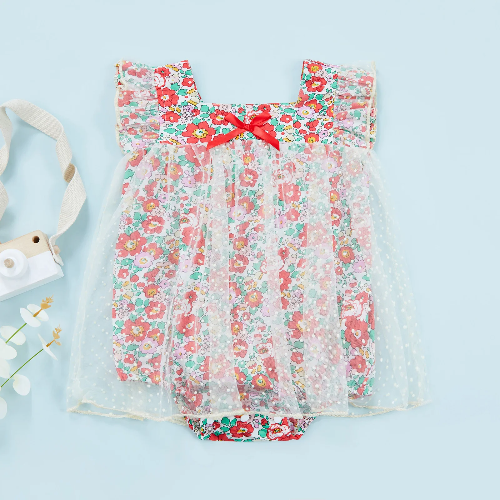 

Summer Baby Girls Casual Sweet Rompers Infant Newborns Tulle Dress Ruffle Sleeve Bow Front Floral Print Bodysuits Outfits 0-18M