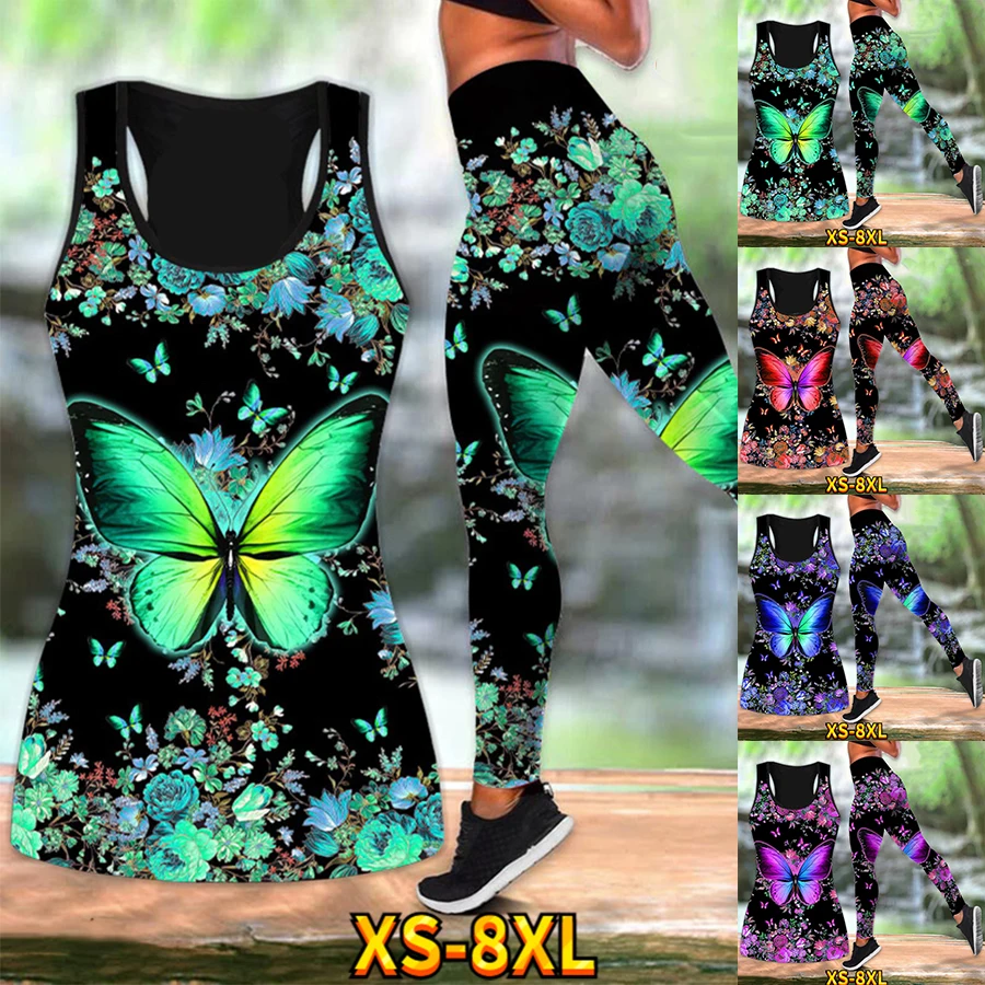 Women Summer Vest Butterfly Pattern Yoga Pants Colorful Pattern Body Sculpting Buttocks Running Set XS-8XL