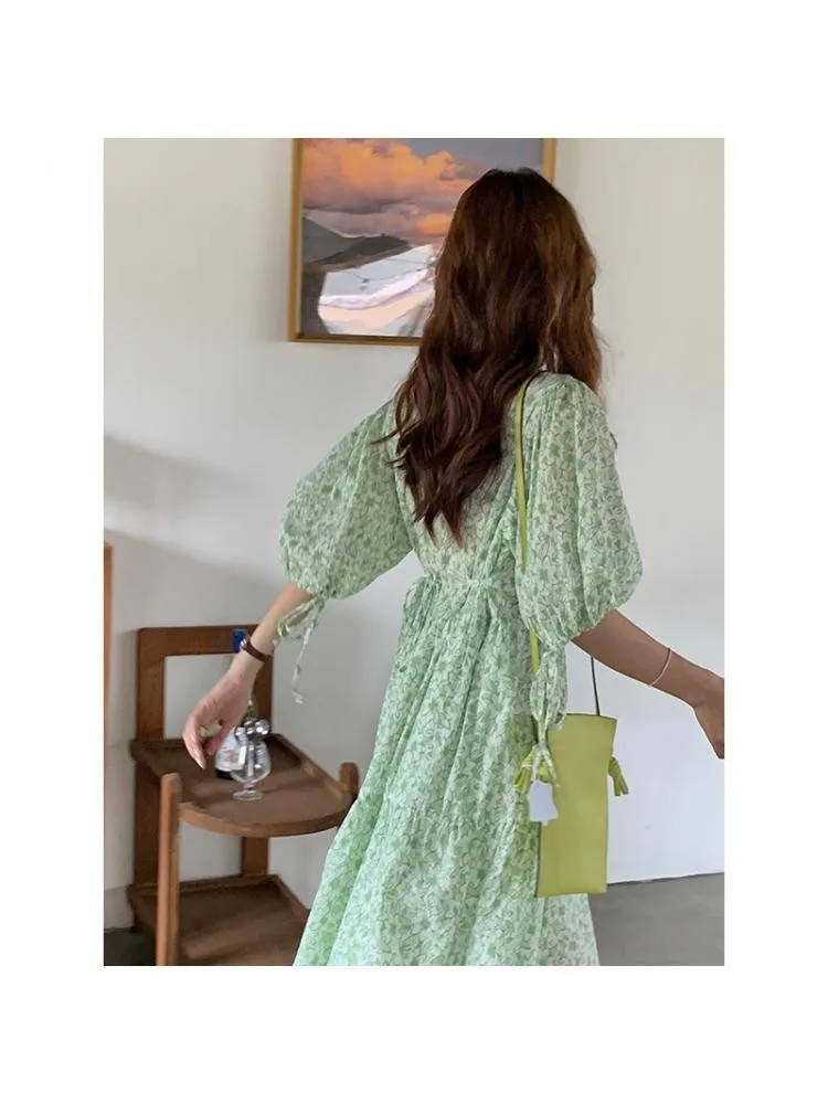 

Женское Хлопковое платье с цветочным принтом, зеленое платье с рукавом-фонариком, V-образным вырезом, поясом и высокой талией, лето 2022