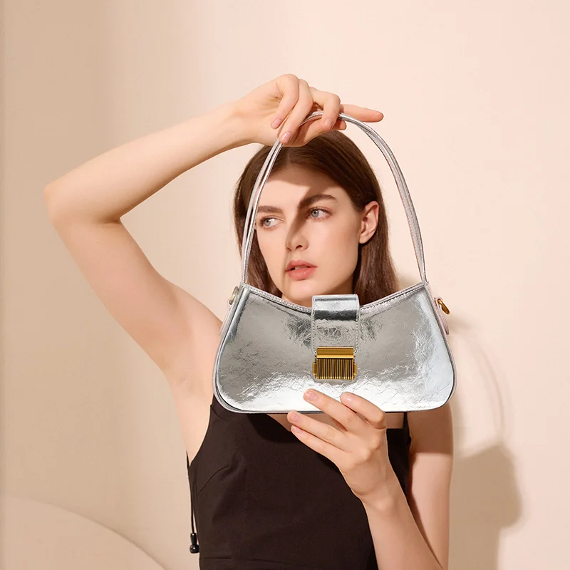 

Handbags For Women 2023 Ladies Underarm Bags Real Leather Sliver Shoulder Cross Body Bags Females New Metal Buckle Retro Cowhide