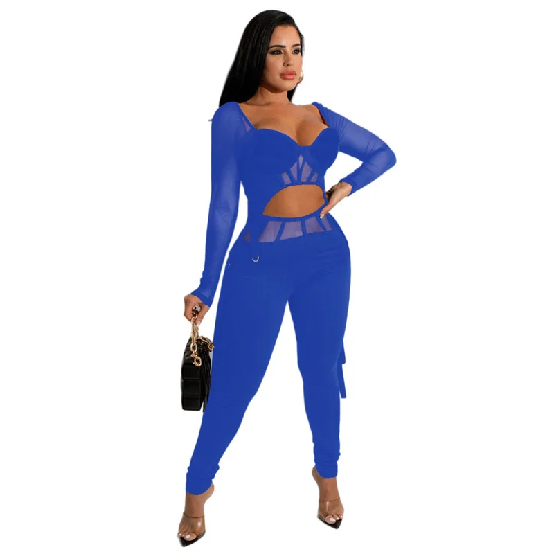 

Znaiml 2022 Женский комплект из 2 предметов, женские комплекты с брюками с высокой талией, прозрачная сетчатая Клубная вечерние с длинным рукавом...