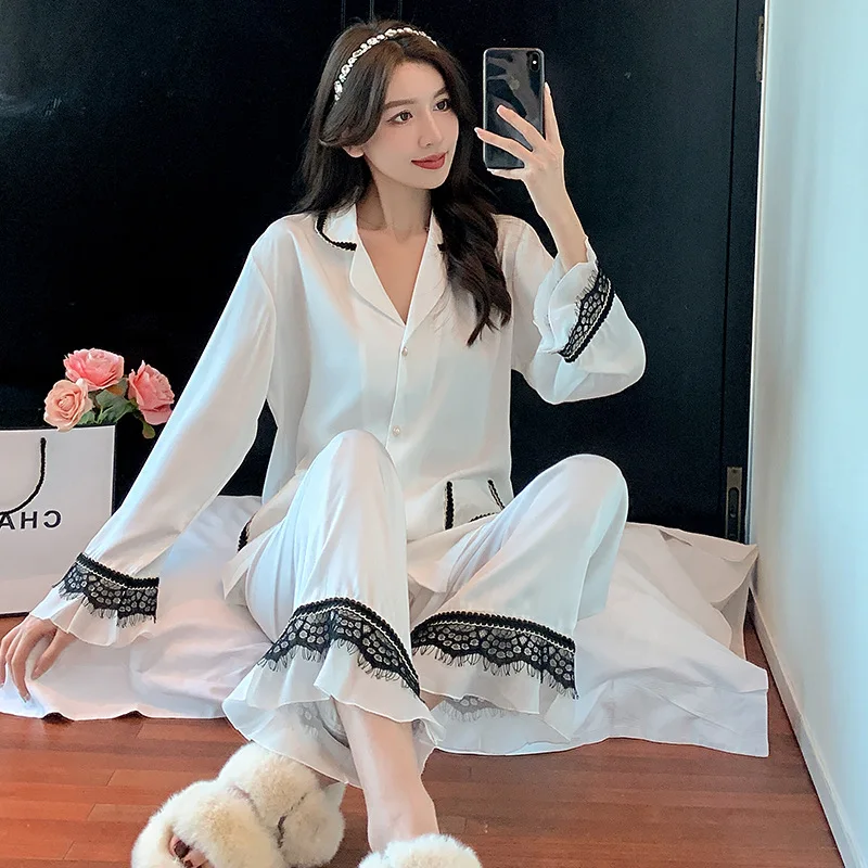 New Silk Pajamas for Women Summer Long Sleeve and Long Pants Sexy Lace Womens Home Clothes Fashion Design Sleepwear