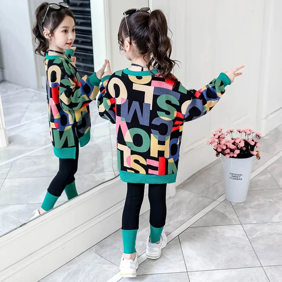 

2022 New Kids Clothes Suit Girls Autumn Clothing Fashion Casual Big Children's Letter Sweater+ Leggings Two-piece Set