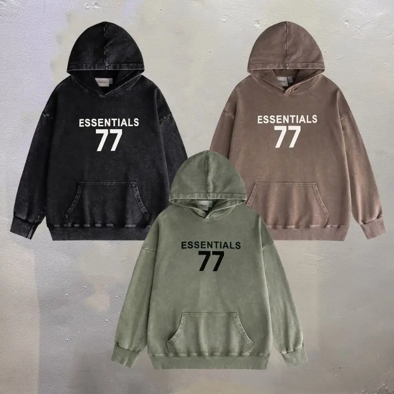 

New Heavyweight Washed Vintage Essentials Hoodies Letter Number 77 Print Pocket Pullover Oversized LEE FOG Sweatshirts for Men W