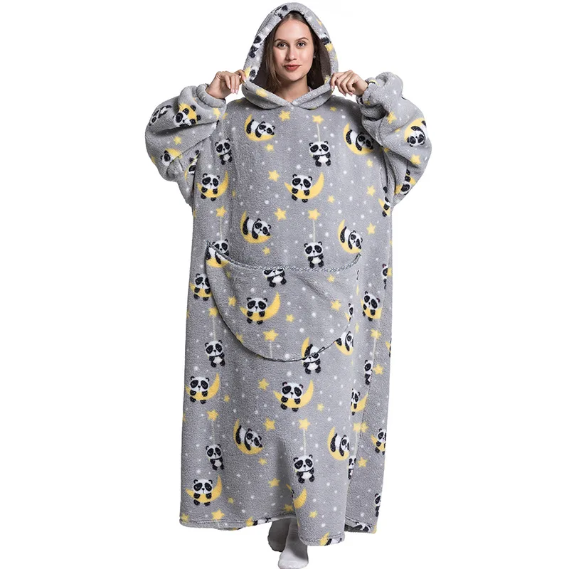 Women Super Long Hoodie Pajamas Blanket Flannel with Sleeves Winter Hoodies Sweatshirt Pullover Winter Oversized Home Clothing