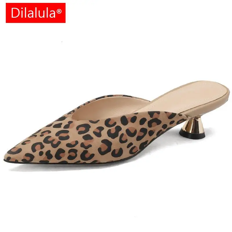 

Dilalula Summer Women Sandals Fashion New Leopard Genuine Leather Mules Pointed Toe High Heels Slippers Shoes Woman Office