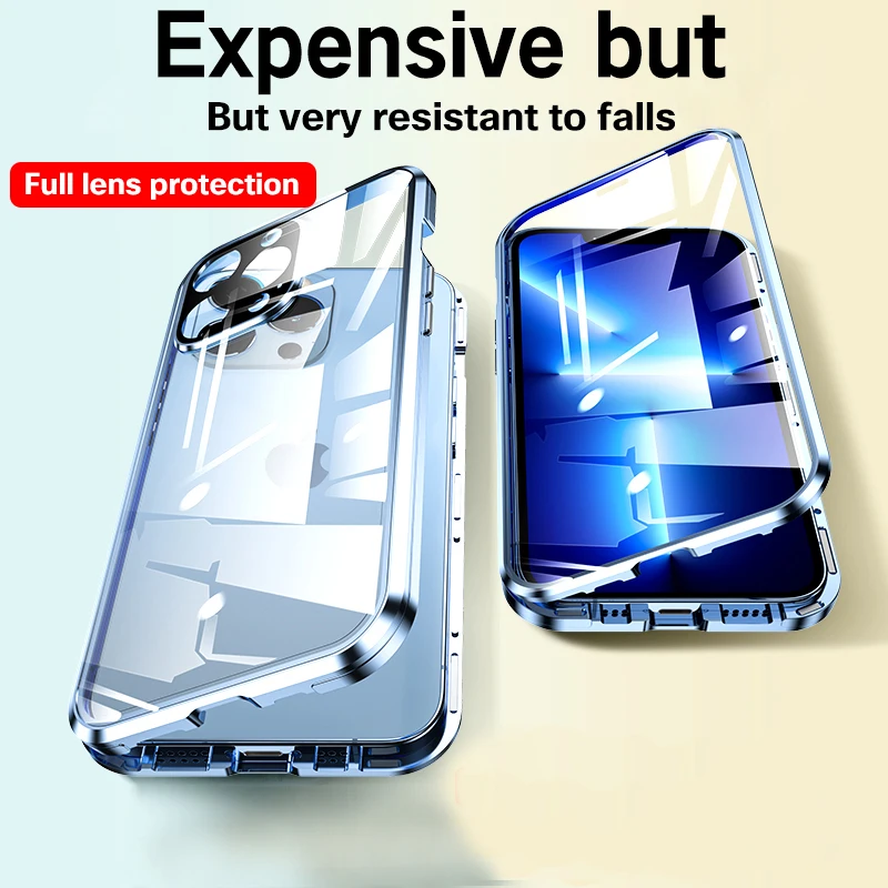 ZZMA Fashion Magnetic Adsorption Glass Phone Case For iPhone 13 12 11 Pro Max XS XR Mini 360° Full Protection Case Cover