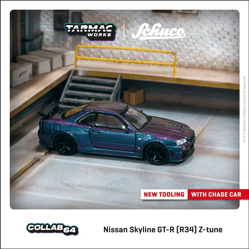 

Tarmac Works x Schuco 1:64 Nissan Skyline GT-R (R34) Z-tune полночно-фиолетовый III литые модели автомобилей Коллекция миниатюрных моделей