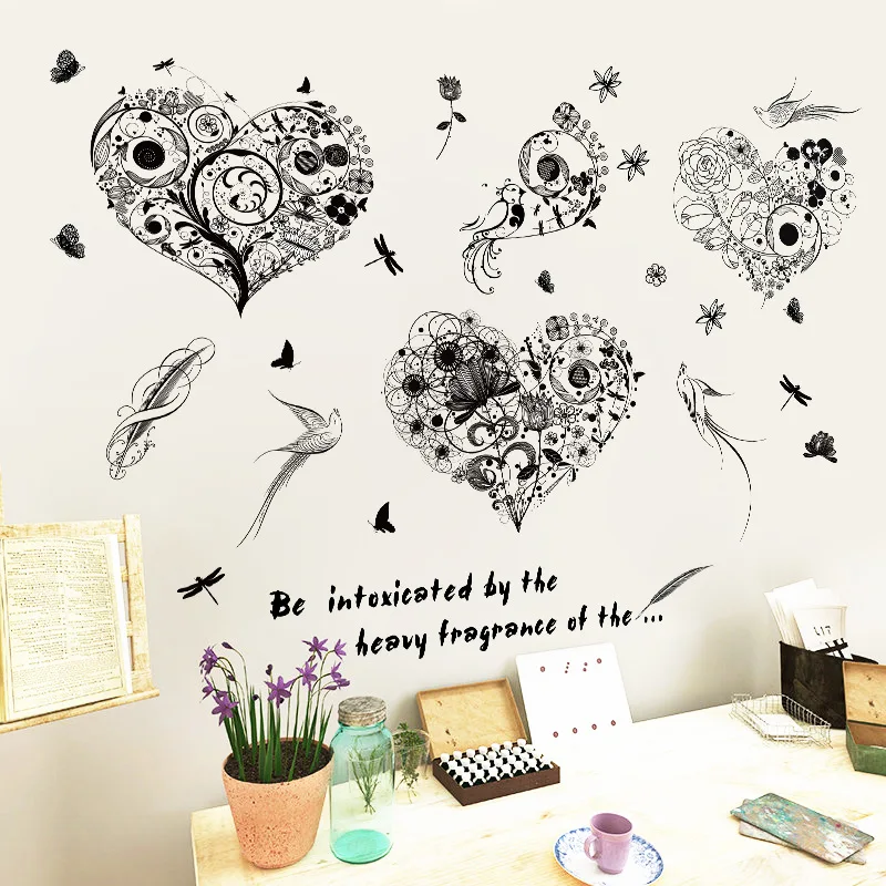 

Bird Dish Heart Wall Stickers Bedroom Living Room Window Study TV Sofa Background Decorative Flower Decals