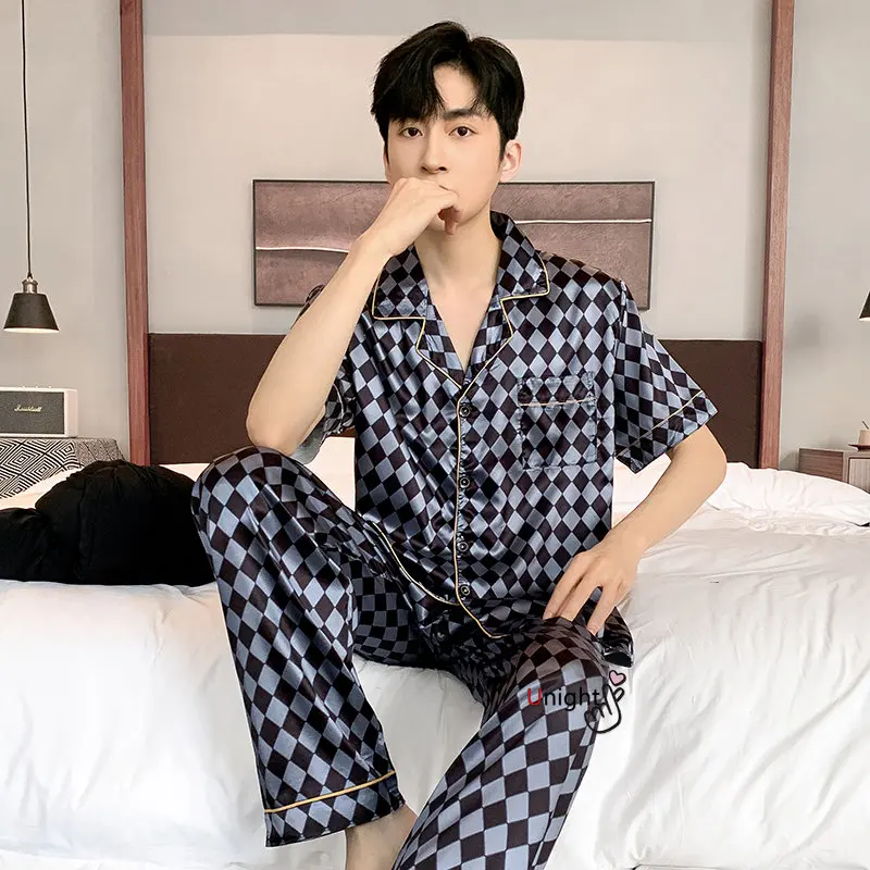 Spring Summer Man Pajama Sets Silk Sleepwear Pajamas for Men Plus Size Home Clothing Pyjamas Suit Home Wear Loungewear Homesuits