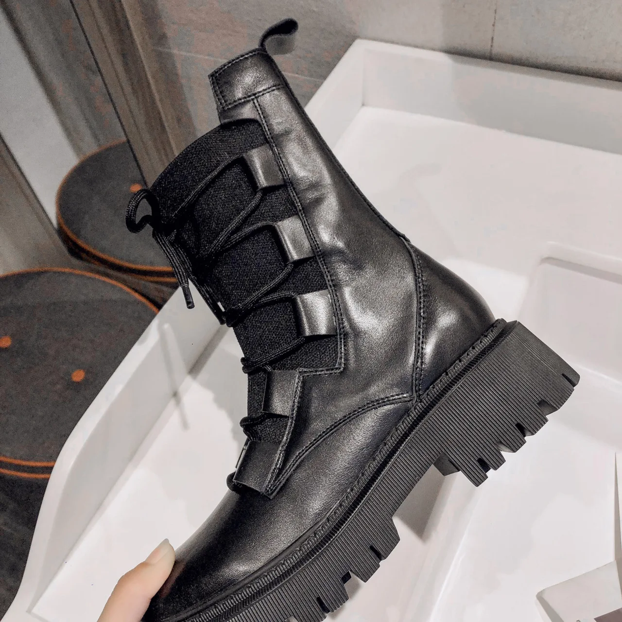 2022 Autumn New Women's Boots Thick Heel Low Heel Flying Knitted Stitching Boots Motorcycle Boots European and American