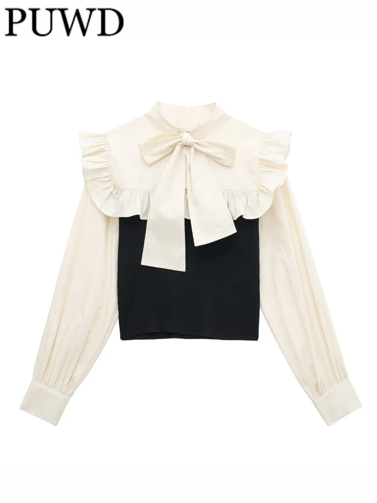 

PUWD Women Fashion Black Bow Spliced Knit Sweater 2023 Spring Vintage Navy Collar Long Sleeve Female Pullovers Chic Tops