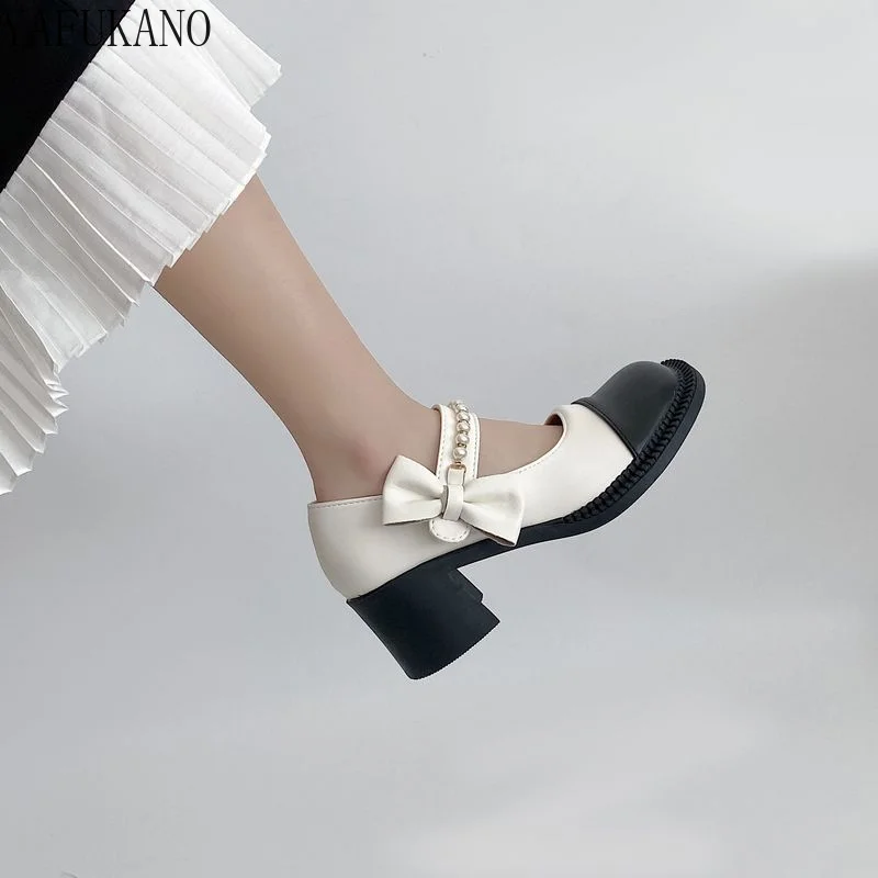 

Fashion Wild Retro High-heeled Shoes Womens 2022 New Chunky Heeled Color Matching Bow Design Pumps Square Toe Mary Jane Shoes