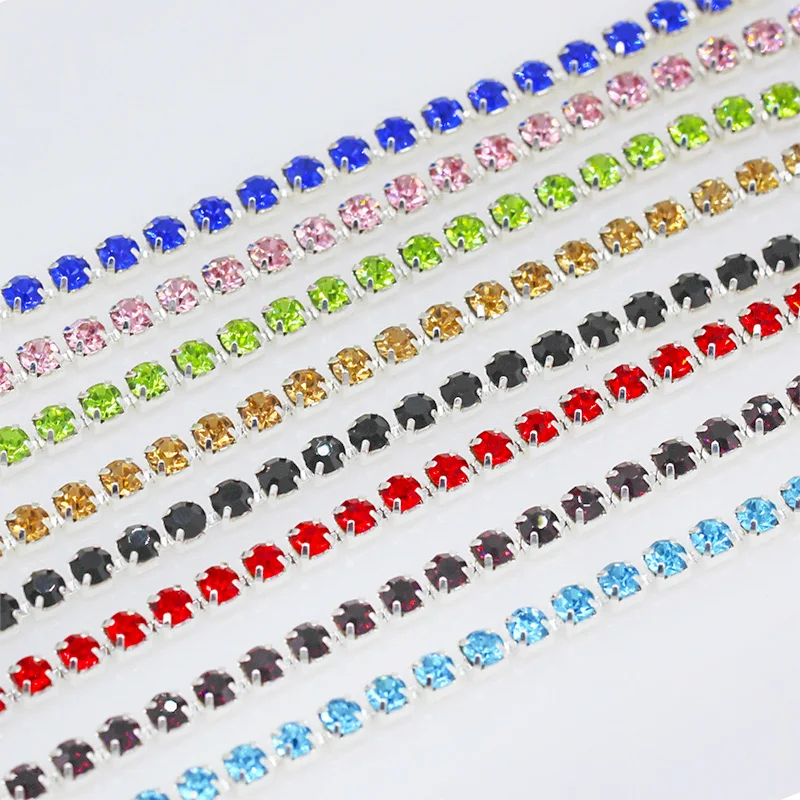 

Sparking 10Yards/Roll SS6 SS12 SS16 Colorful Rhinestone Chain Silver Color Bottom AndStone Rhinestone Trimming Crystal Cup Chain