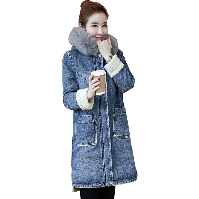 Women Mid-length Coats Big Fur Collar Denim Cotton-padded Jackets Winter New Korean Style Plus Cashmere Lamb Velvet Windbreaker