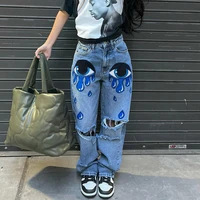 womens spring and autumn seasons new street ins net red eye print casual ripped hole high waist washed straight jeans