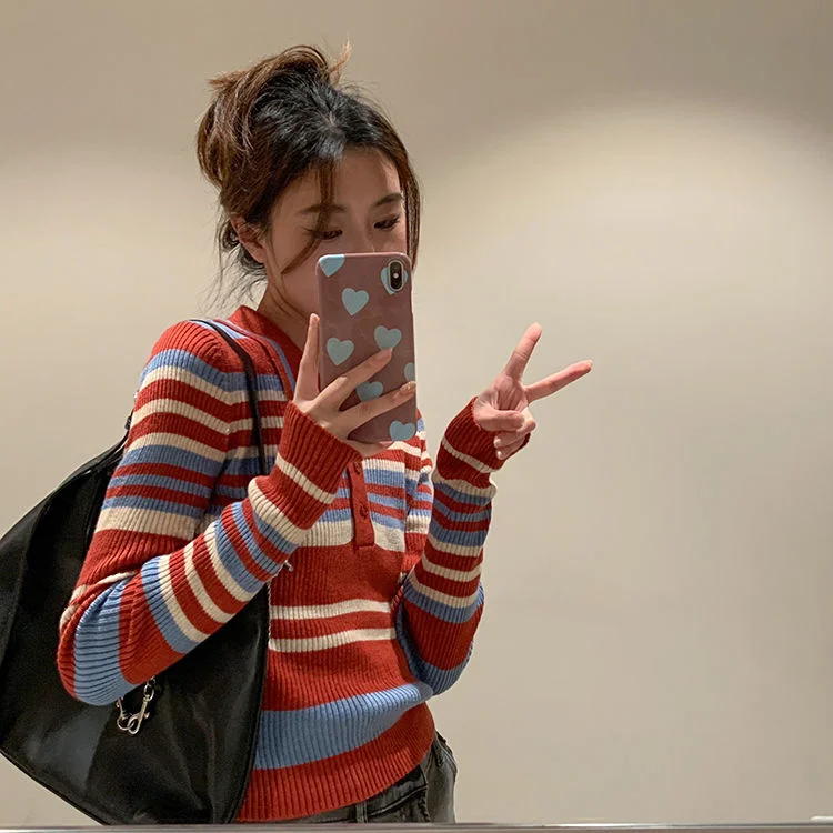 

Lapel Color Blocking Elastic Slim Fit Short Striped Sweater Blue Red